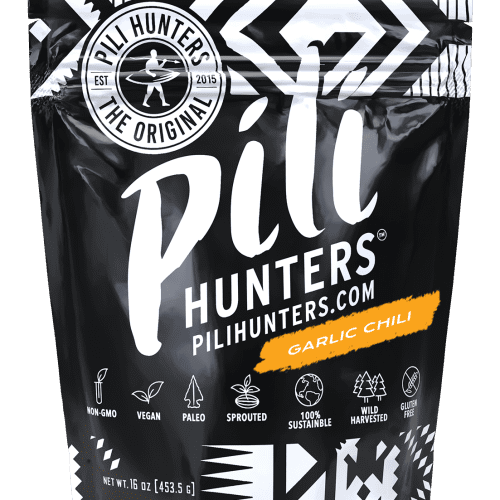 pili hunters garlic chili nuts front of pkg