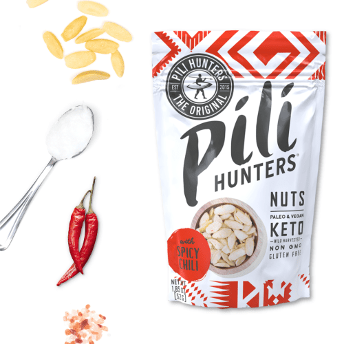 pili hunters spicy chili nuts front of pkg with ingredients