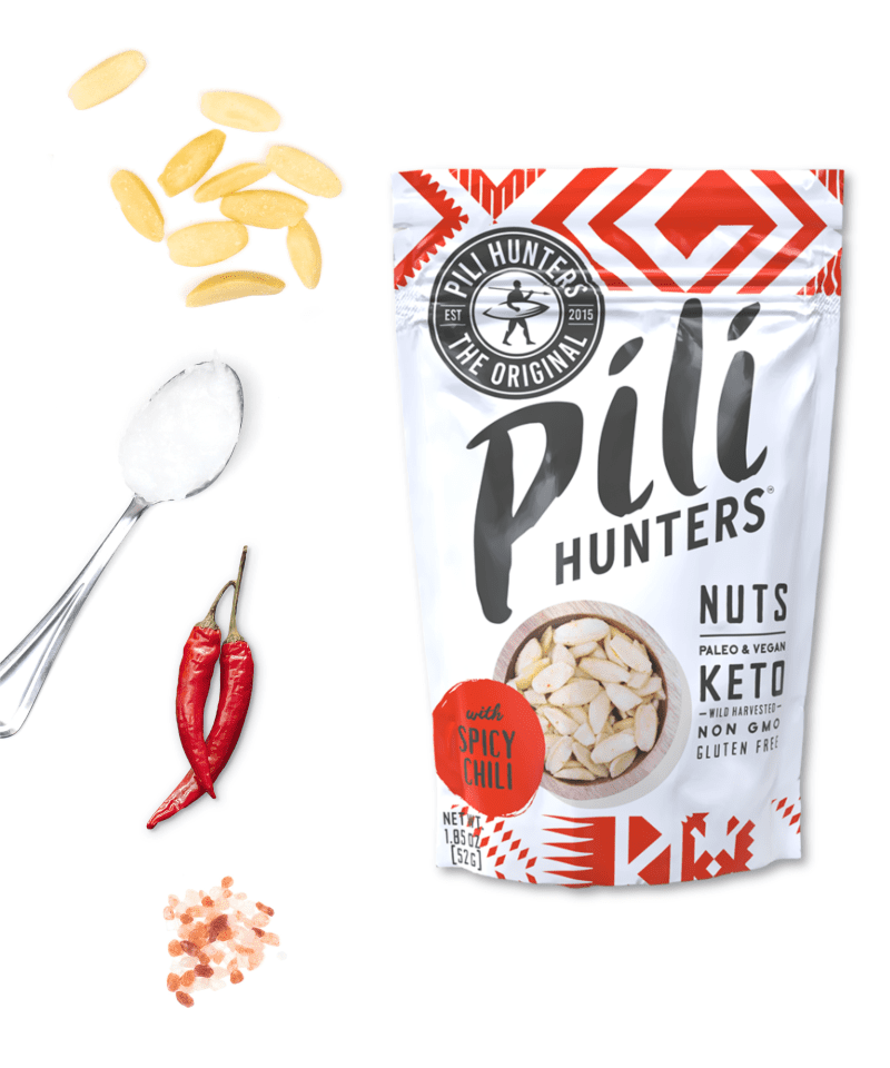 pili hunters spicy chili nuts front of pkg with ingredients